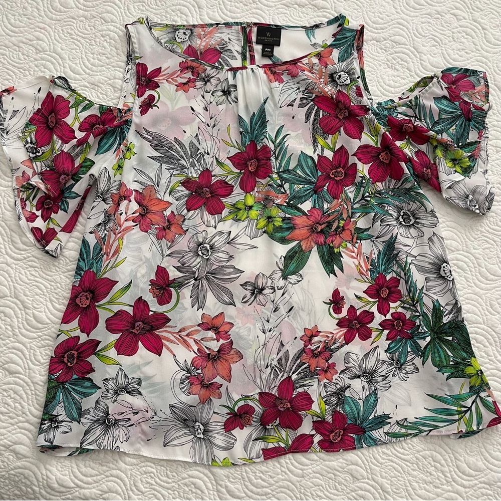 Worthington Top Cold Shoulder Slit Flutter Sleeve Floral Size MP